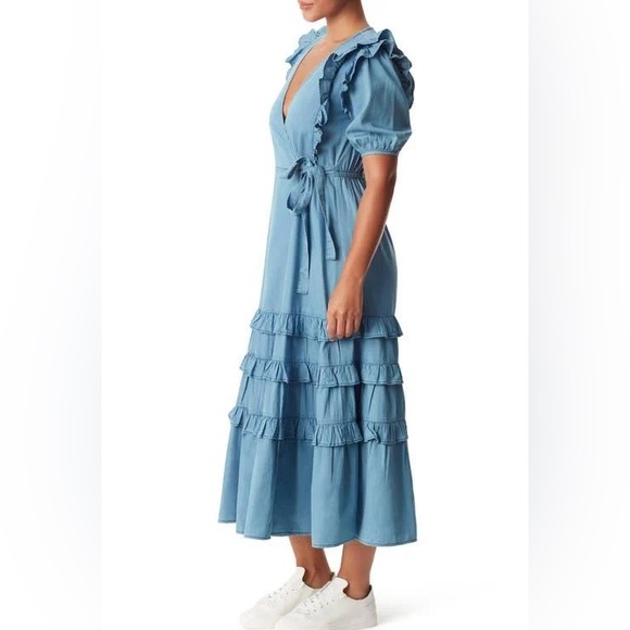 Sam Edelman Ophelia Ruffle Blue Midi Wrap Dress Size Medium NEW WITH TAGS - Picture 2 of 16